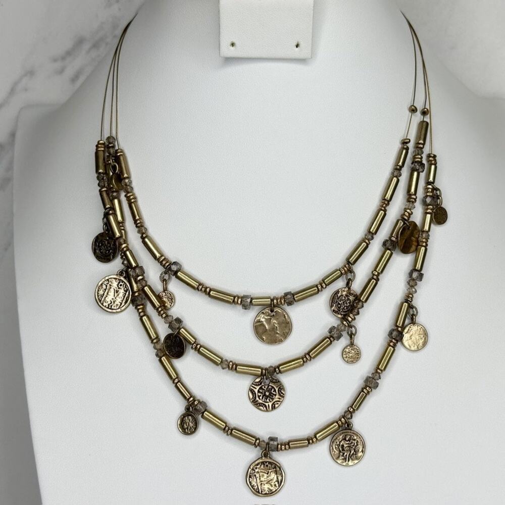Chico's Beaded Coin Charm Layered Gold Tone Necklace ✨